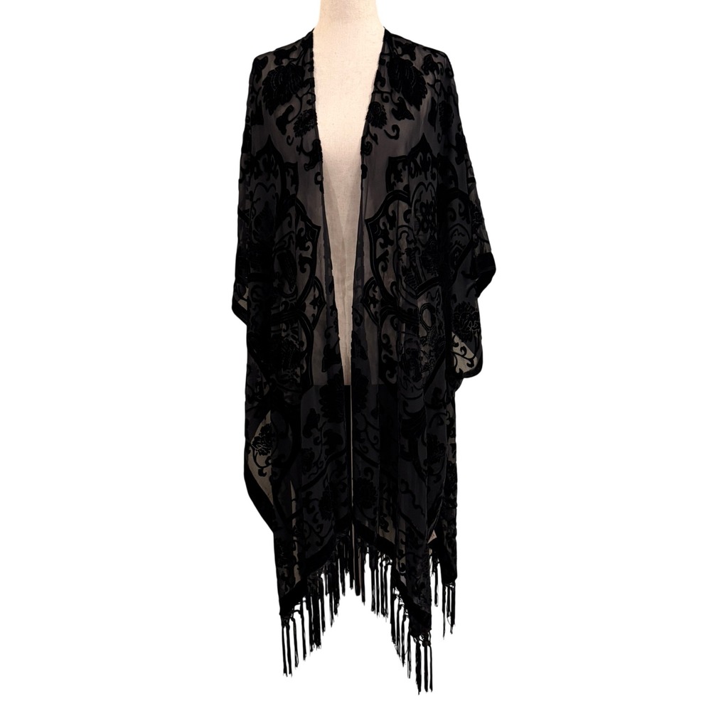 Mossimo Kimono Wrap Women OS Black Velvet Burnout Fringe Boho Witchy Goth